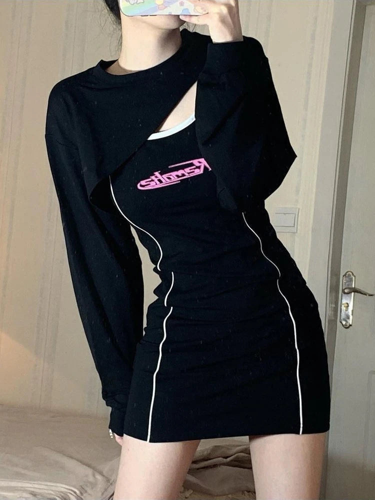 Y2k Bodyocn Slim Slip Mini Dress Women 2000s Korean Style Letter Print Sexy Short Dresses Kawaii Kpop Summer Outfits