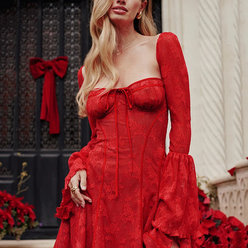 Load image into Gallery viewer, Elegant Square Neck Lace Patchwork Dress Women Flare Sleeve Ruffle Edge Double Layer Bodycon Vesidos Slim Party Evening
