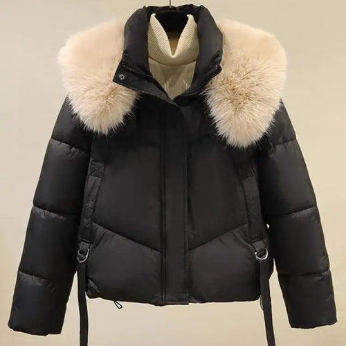 Load image into Gallery viewer, Korean Version 2024 New Casual Solid Hooded Fur Neck Short Cotton Padded Jacket Winter Retro Zipper Bread Down Thick Coat Street
