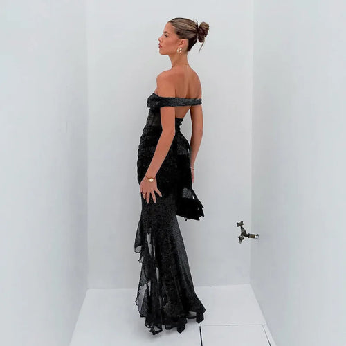 Load image into Gallery viewer, Mesh See Through Ruffled Sexy Maxi Dress For Women Gown Gray Off-shoulder Strapless Backless Ruched Long Dress Vestido
