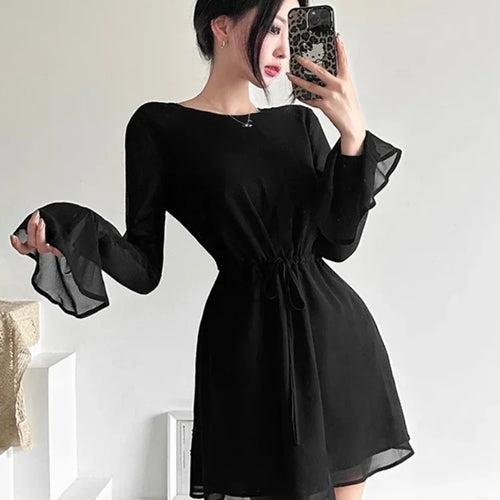 Load image into Gallery viewer, Sexy Backless Black Party Short Dresses Women Mesh Lace Up Flare Long Sleeve Mini Dress Wrap Slim Spring Fashion
