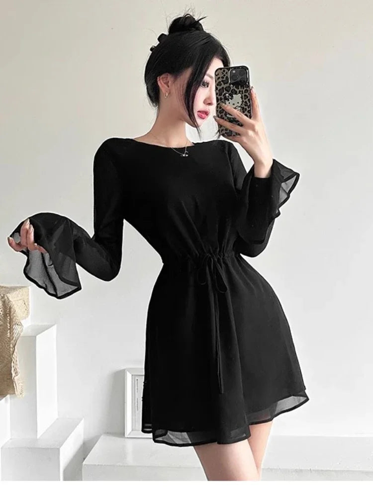 Sexy Backless Black Party Short Dresses Women Mesh Lace Up Flare Long Sleeve Mini Dress Wrap Slim Spring Fashion