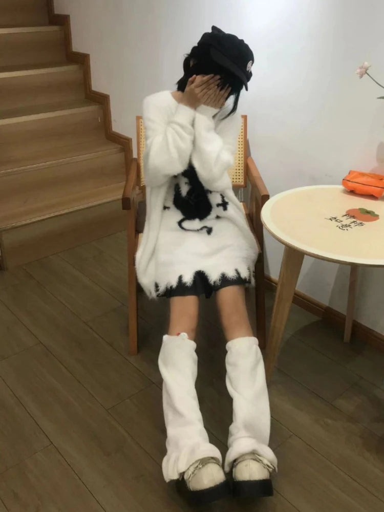 Oversized Harajuku Grunge Cartoon Jacquard Sweaters Streetwear Vintage Hole Jumpers 2025 Women Y2k Aesthetic Casual Pullovers