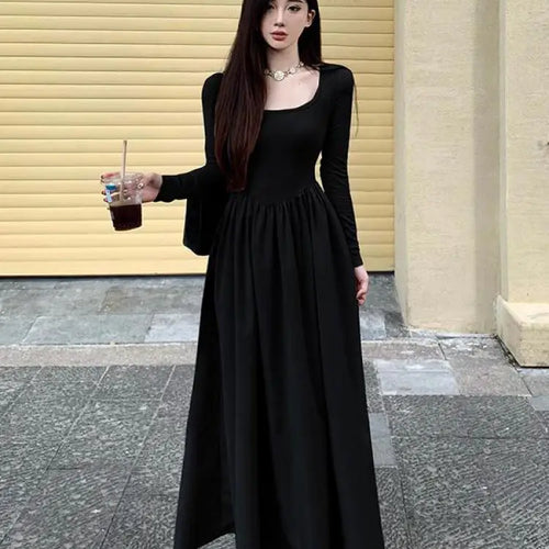 Load image into Gallery viewer, Beige Square Neck Elegant Pleated Dress Women Black Long Sleeve Party Fairy Dress Vintage Autumn 2023 Korean Fashion Popular New
