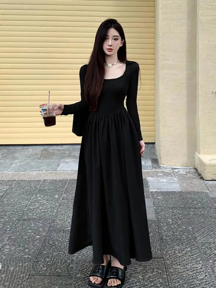 Beige Square Neck Elegant Pleated Dress Women Black Long Sleeve Party Fairy Dress Vintage Autumn 2023 Korean Fashion Popular New