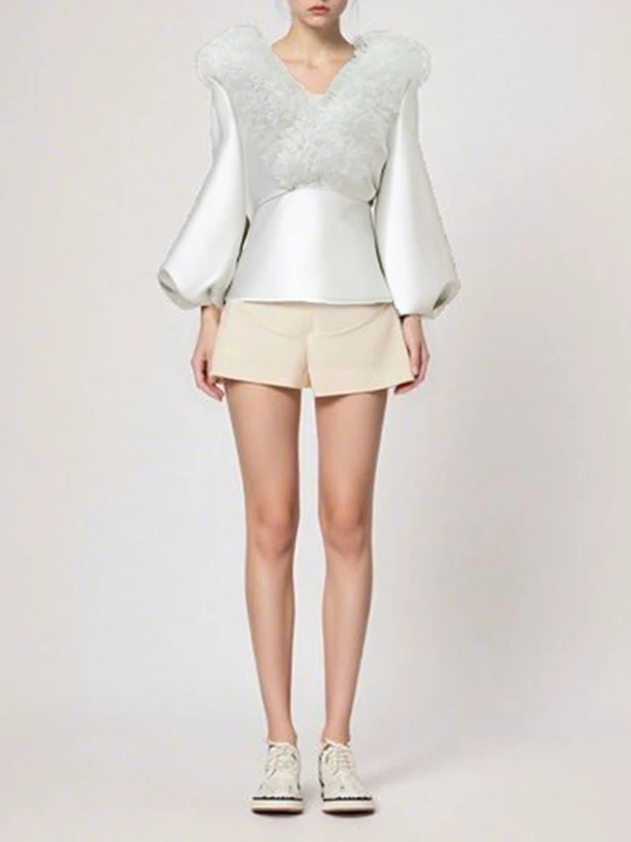 Solid Spliced Fungus Folds Fashion Jackets for Women V Neck Long Sleeves Tunic Temperament Jacket Female Clothing