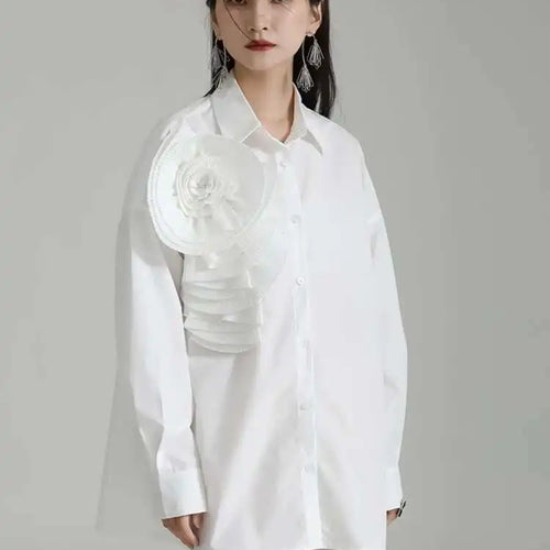 Load image into Gallery viewer, Women Blue Pleated Flower Big Size Blouse New Lapel Long Sleeve Loose Fit Shirt Fashion Tide Spring Autumn 2025 1DH0316
