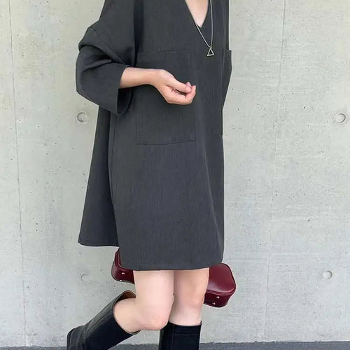 Load image into Gallery viewer, Women Gray Double Pocket Big Size Elegant Mini Dress New V--Neck Long Sleeve Fashion Tide Spring Autumn 2025 1DH7310
