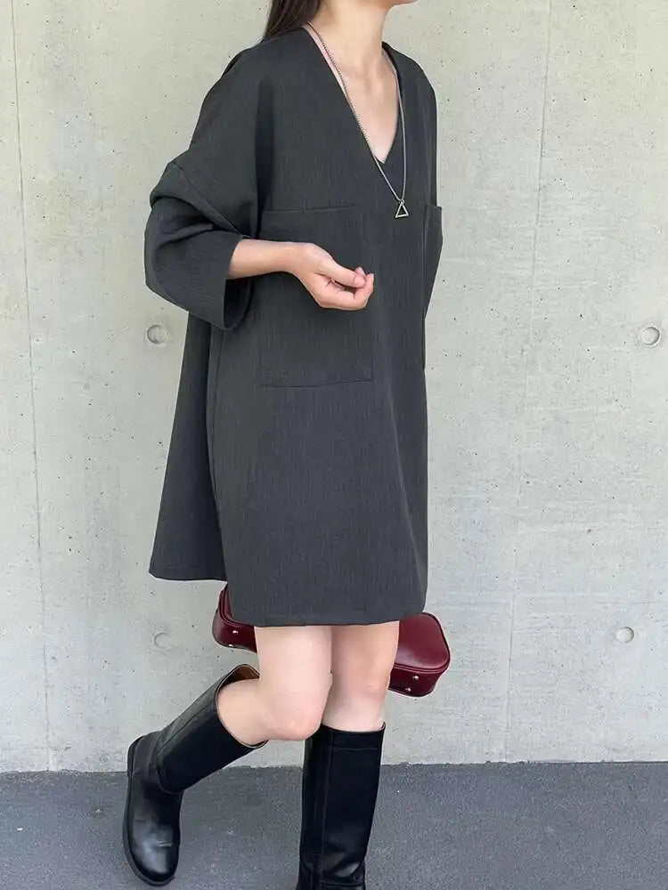 Women Gray Double Pocket Big Size Elegant Mini Dress New V--Neck Long Sleeve Fashion Tide Spring Autumn 2025 1DH7310
