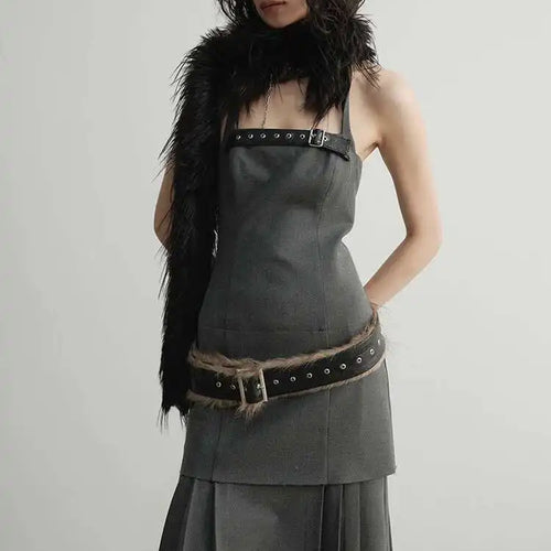 Load image into Gallery viewer, Women Geay Leather Hem Pleated Wool Belt Long Elegant Dress New Halter Sleeveless Fashion Tide Spring Autumn 2025 1DH7227
