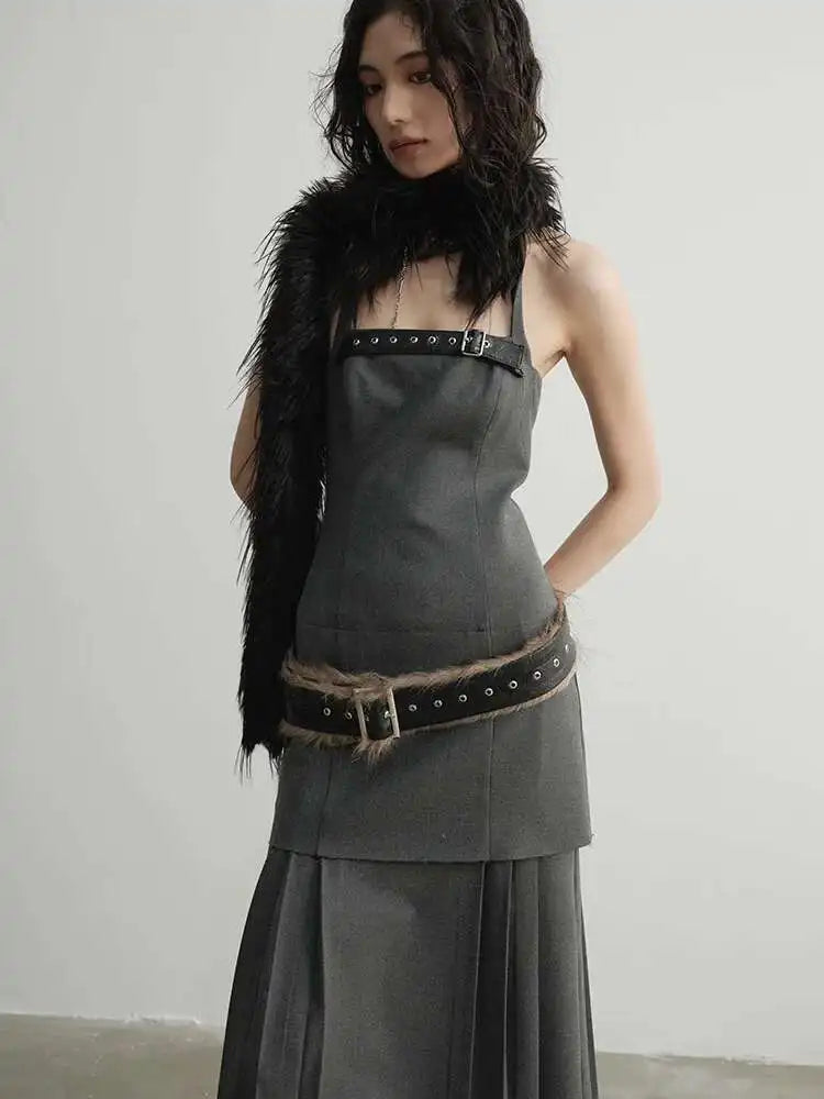 Women Geay Leather Hem Pleated Wool Belt Long Elegant Dress New Halter Sleeveless Fashion Tide Spring Autumn 2025 1DH7227