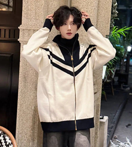 Autumn Winter Contrast Color Lapel Knitted Sweater Men Casual Zipper  Comfortable Turtleneck Fashion New Chic Male 9C9018