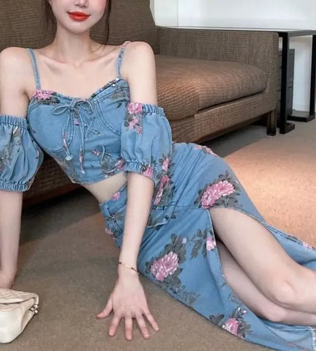 Korean Summer Denim Three-piece Women's New Slimpuff sleeve  + Small Sling + High Waist Half-length Bag Hip Skirt Suit