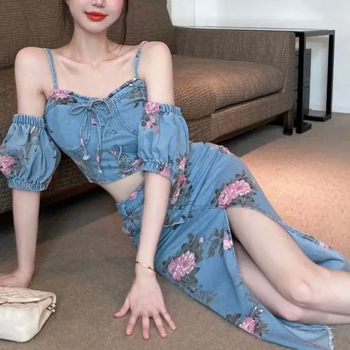 Load image into Gallery viewer, Korean Summer Denim Three-piece Women&#39;s New Slimpuff sleeve  + Small Sling + High Waist Half-length Bag Hip Skirt Suit
