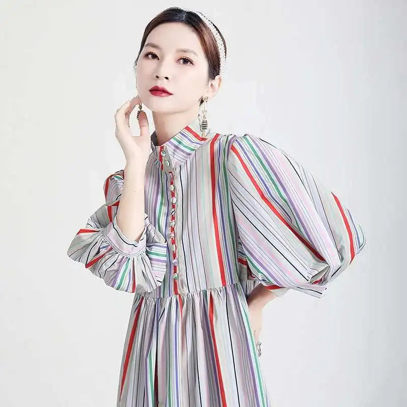Women Striped Spliced Long Shirt Dress New Stand Collar Three-quarter Sleeve Loose Fit Fashion Spring Autumn 2025 1DE0219