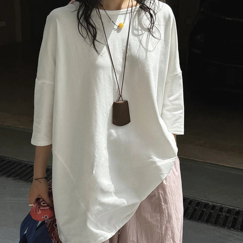 Load image into Gallery viewer, Women White Shaped Spliced Big Size Casual T-shirt New Round Neck Half Sleeve Fashion Tide Spring Summer 2025 1DJ1530
