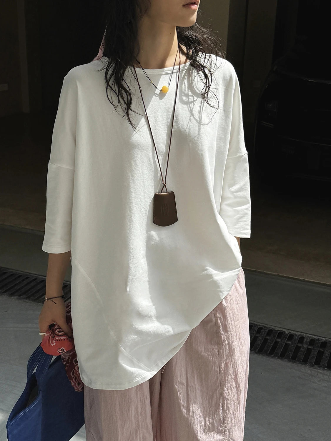 Women White Shaped Spliced Big Size Casual T-shirt New Round Neck Half Sleeve Fashion Tide Spring Summer 2025 1DJ1530