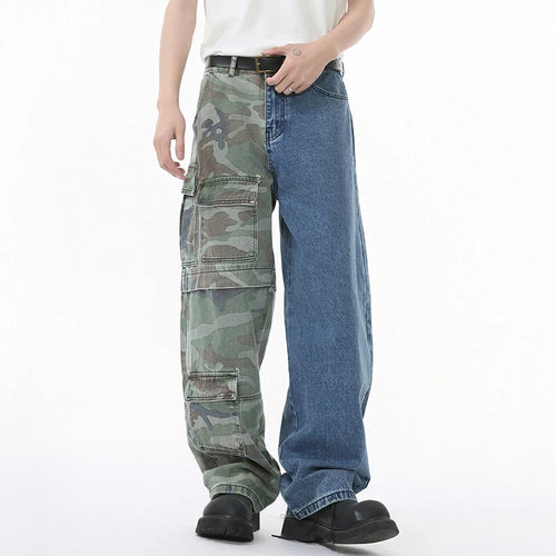 Load image into Gallery viewer, Men Jeans Niche Personalized Camouflage Splicing Two Color Fashion Multi Pockets Loose High Street Denim Pants 9W1679

