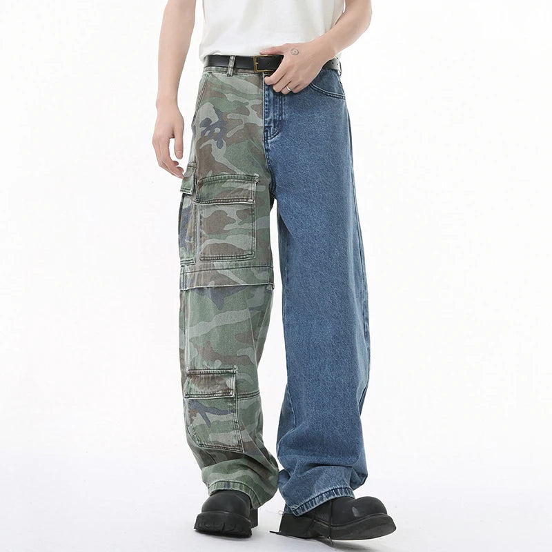 Men Jeans Niche Personalized Camouflage Splicing Two Color Fashion Multi Pockets Loose High Street Denim Pants 9W1679