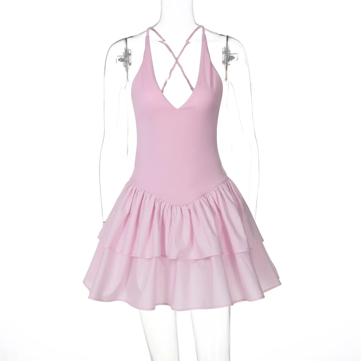 Halter V Neck Ruffle Mini Dress Women Robe Summer New Patchwork Spaghetti Strap Sleeveless High Waist A-line Dress