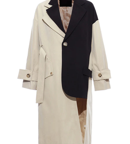 Women Khaki Big Size Asymmetrical Trench New Lapel Long Sleeve Loose Fit Windbreaker Fashion Spring Autumn 2025 1K912