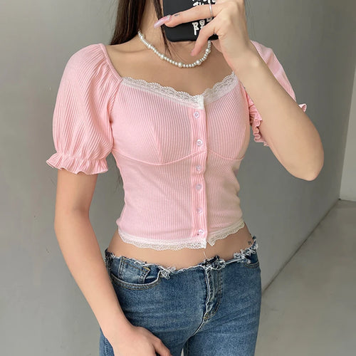 Load image into Gallery viewer, Korean Square Neck Summer Tee Shirt Female Coquette Clothes Lace Patched Buttons Puff Sleeve Sweet Crop Tops Lolita
