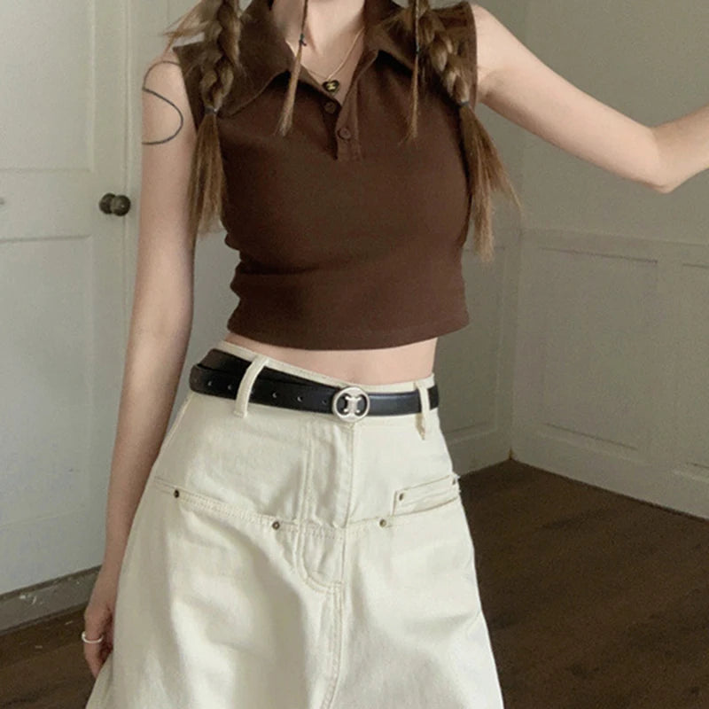 y2k Tank Top Women Summer Clothes Solid Color Turn Down Collar Buttons Sleeveless Tshirt Vest 2000s Clothing Streetwear