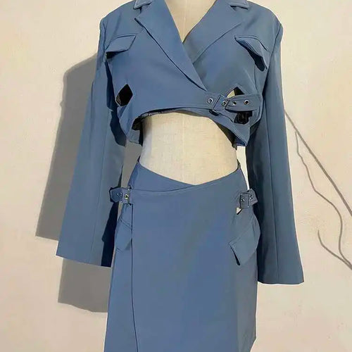 Load image into Gallery viewer, Women Blue Cross Buckle Hollow Out Blazer Dress New Lapel Long Sleeve Loose Fit Fashion Tide Spring Autumn 2025 1DE3323
