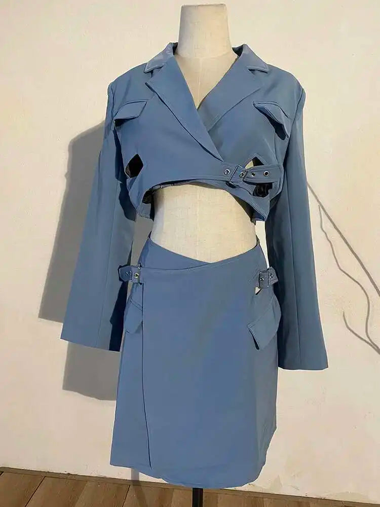 Women Blue Cross Buckle Hollow Out Blazer Dress New Lapel Long Sleeve Loose Fit Fashion Tide Spring Autumn 2025 1DE3323