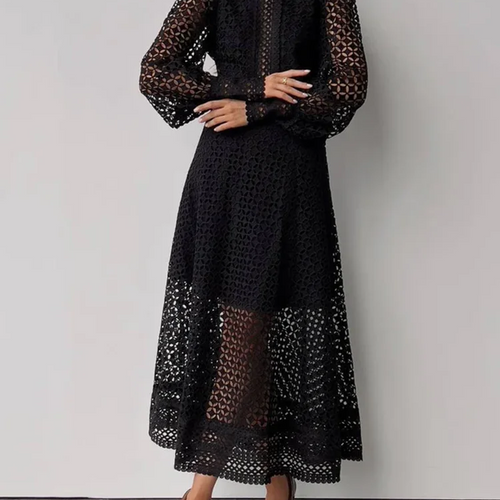 Load image into Gallery viewer, Elegant Embroidery Solid Long Dress For Women Round Neck Lantern Sleeve High Waist Hollow Out Sheer Dresses Female Fashion
