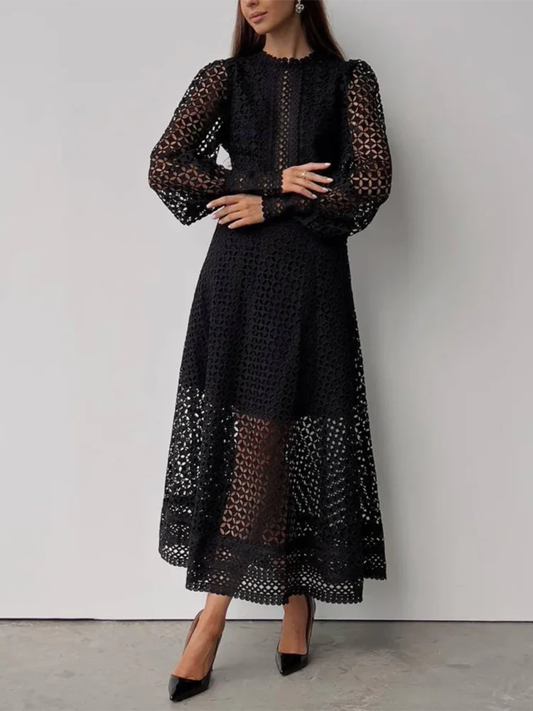 Elegant Embroidery Solid Long Dress For Women Round Neck Lantern Sleeve High Waist Hollow Out Sheer Dresses Female Fashion