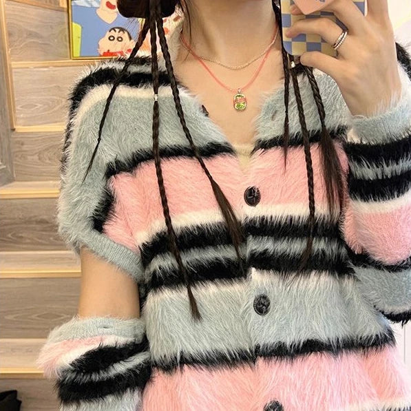 Kawaii Rainbow Striped Cardigan Women Detachable Long Sleeve Fluffy Sweater Coat Japanese Y2k All Match Kardigan Jacket