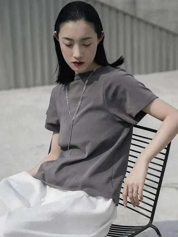 Women Gray Brief White Plain Color Casual T-shirt New Round Neck Short Sleeve Fashion Tide Spring Summer 2025 1W028