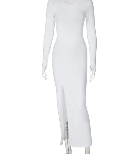 Fashion Solid Long Sleeve Backless Ruched Lace Up Slit Sexy Maxi Prom Dress Elegant Autumn Women Clothes Party Festival