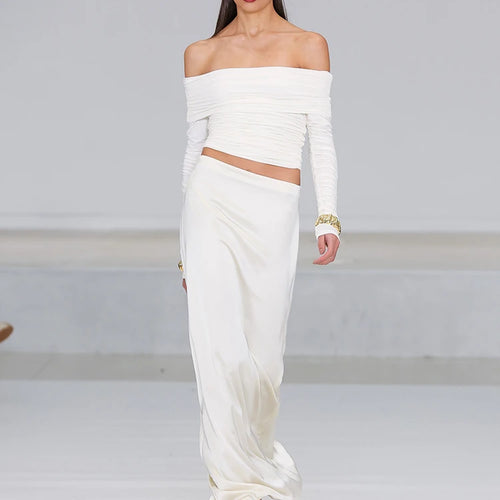 Load image into Gallery viewer, Fashion One Line Neck Long Sleeve Elastic Tight Top Wome Slim Pleated Double Layer T-shirt Top Elegance Female Partywear
