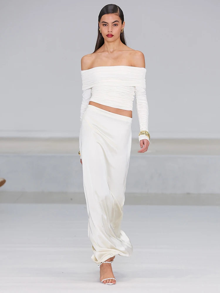 Fashion One Line Neck Long Sleeve Elastic Tight Top Wome Slim Pleated Double Layer T-shirt Top Elegance Female Partywear