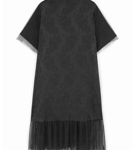 Women Black Jacquard Buckle Mesh Big Size Midi Dress New Stand Collar Short Sleeve Fashion Tide Spring Summer 2025 1DJ1231
