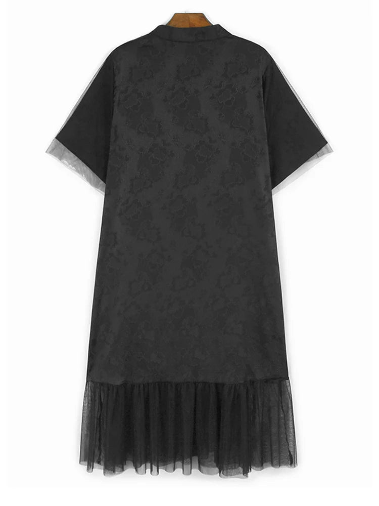 Women Black Jacquard Buckle Mesh Big Size Midi Dress New Stand Collar Short Sleeve Fashion Tide Spring Summer 2025 1DJ1231
