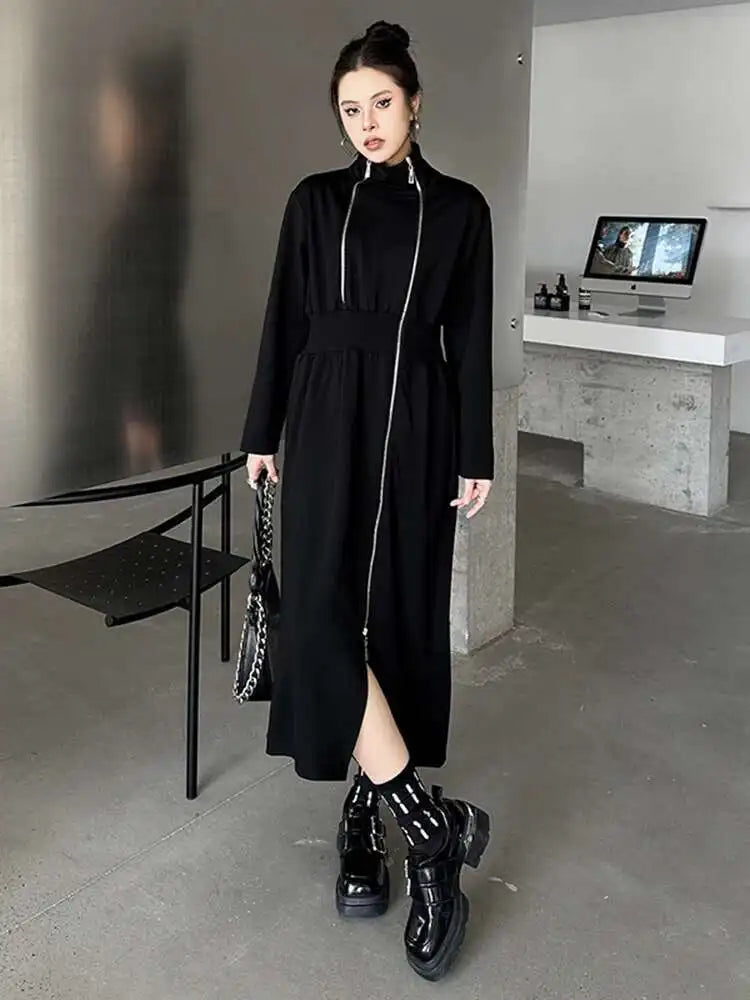 Women Black Zipper Irregular Hem Slit Midi Dress New Turtleneck Long Sleeve Fashion Tide Spring Autumn 2025 1DH9354