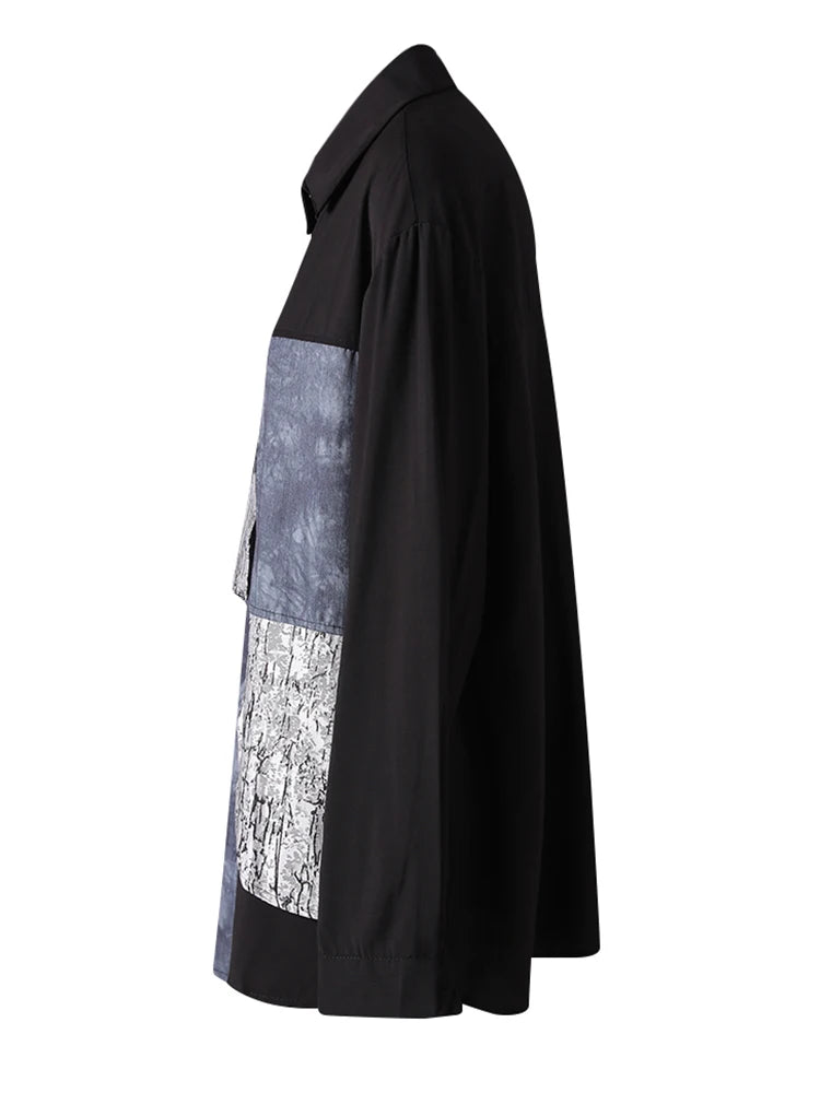 Women Black Printed Patch Spliced Big Size Blouse New Lapel Long Sleeve Shirt Fashion Tide Spring Autumn 2025 21F3676