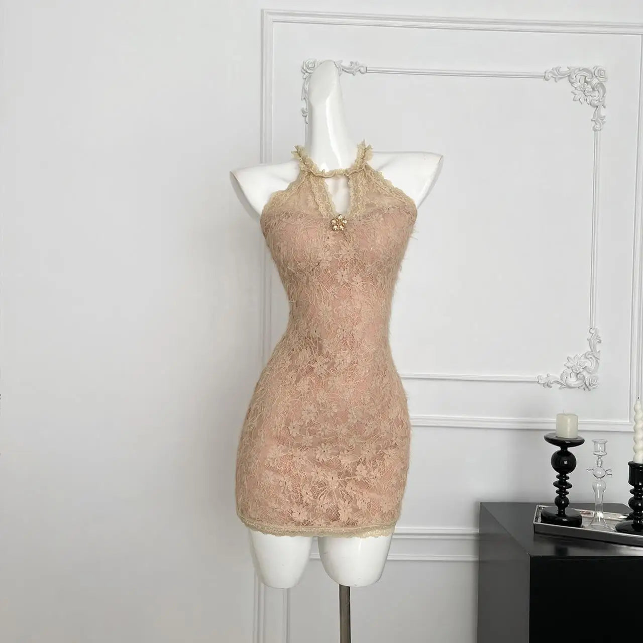 French Vintage Brown Lace Elegant Sexy Club Sleeveless Short Dresses Women Summer Off Shoulder Hollow Out Zipper Mini Dress Chic