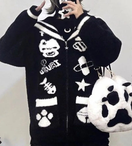 Streetwear Cartoon Jacquard Vintage Fluffy Coats Women Loose Sweet Y2k Aesthetic Zipper Top Japanese Kawaii Gothic Casual Jacket