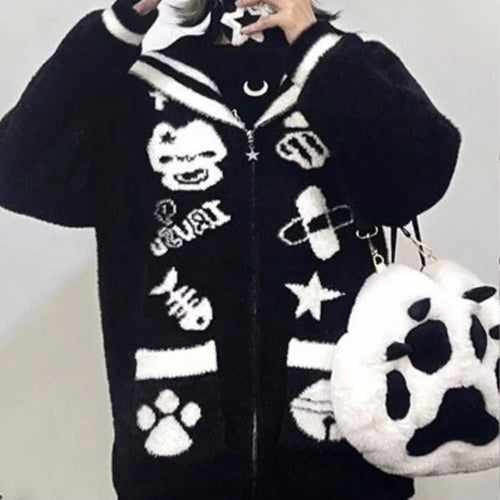 Load image into Gallery viewer, Streetwear Cartoon Jacquard Vintage Fluffy Coats Women Loose Sweet Y2k Aesthetic Zipper Top Japanese Kawaii Gothic Casual Jacket
