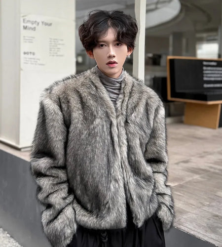 Solid Color Men's Faux Fur Jackets V-neck 2024 Autumn Trend Fashionable Male Thickened Simple Winter Menswear Korean 9C8799