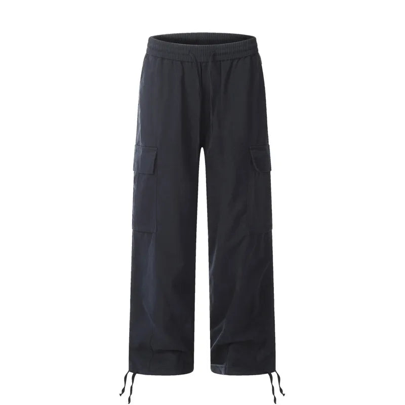 Solid Color Multi Pocket Men's Pants Casual Straight Drawstring Trendy Elastic Waist Wide Leg Simple Male Trousers 9W101