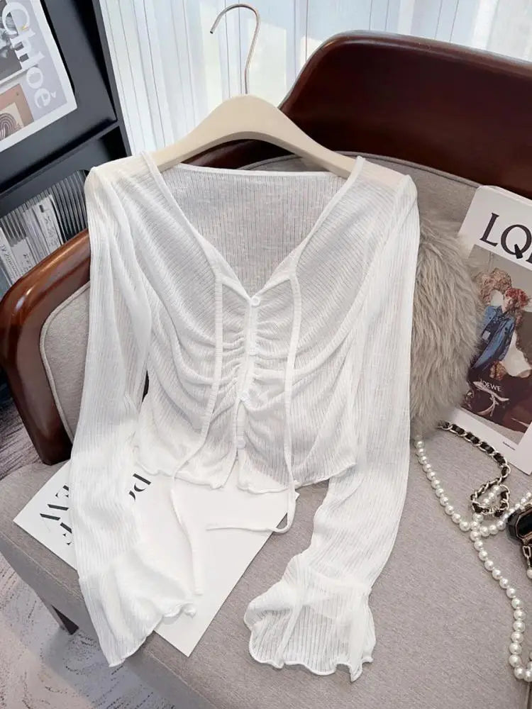 Summer Fashion 2025 New Yellow Pink V Neck Single Breasted Pleated Shirt Women White Slim Flared Long Sleeves Lace-up Tops Trend