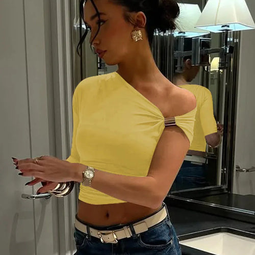 Load image into Gallery viewer, Skew Collar Short Sleeves Ruched Metal T-Shirt Women'S Solid Casual Elegant Y2K Tops Club Street Summer
