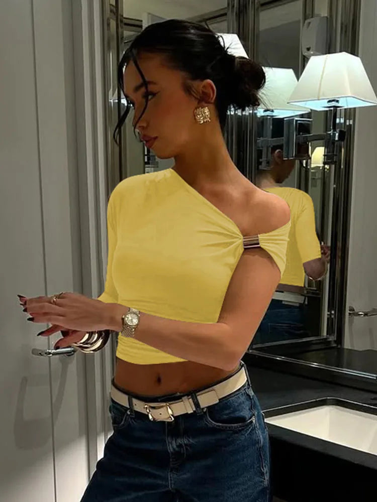 Skew Collar Short Sleeves Ruched Metal T-Shirt Women'S Solid Casual Elegant Y2K Tops Club Street Summer