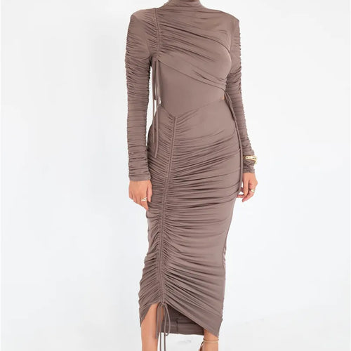 Load image into Gallery viewer, Long Sleeve Ruched Sexy Maxi Dress For Women Autumn Winter New Drawstring Turtleneck Bodycon Sexy Long Dress Elegant
