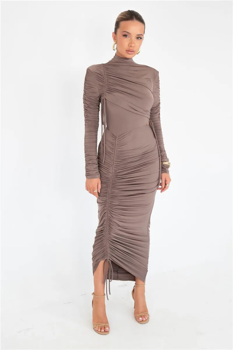 Long Sleeve Ruched Sexy Maxi Dress For Women Autumn Winter New Drawstring Turtleneck Bodycon Sexy Long Dress Elegant